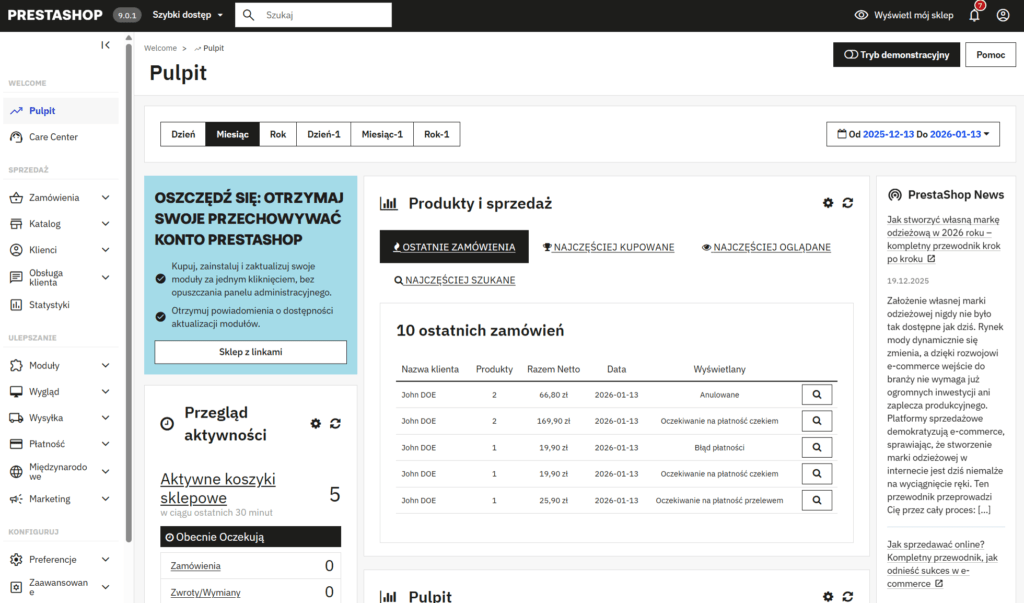 Logiczny i przejrzysty układ menu w panelu administracyjnym PrestaShop