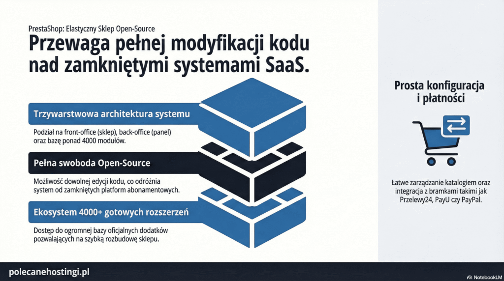 Infografika przedstawiająca przewagę PrestaShop nad systemami SaaS, ilustrująca trzywarstwową architekturę i swobodę edycji kodu.