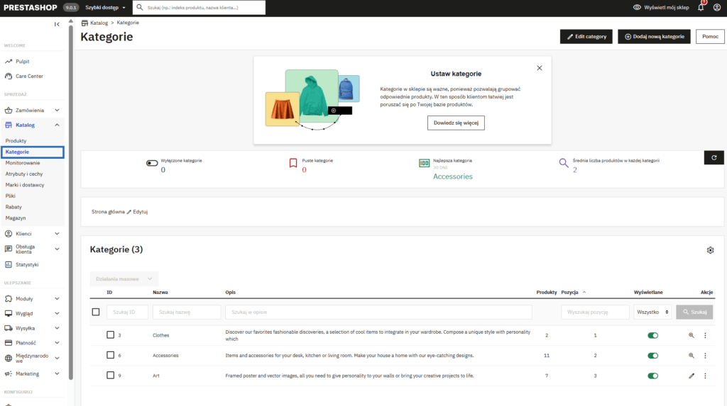 Widok panelu administracyjnego PrestaShop przedstawiający listę kategorii produktów