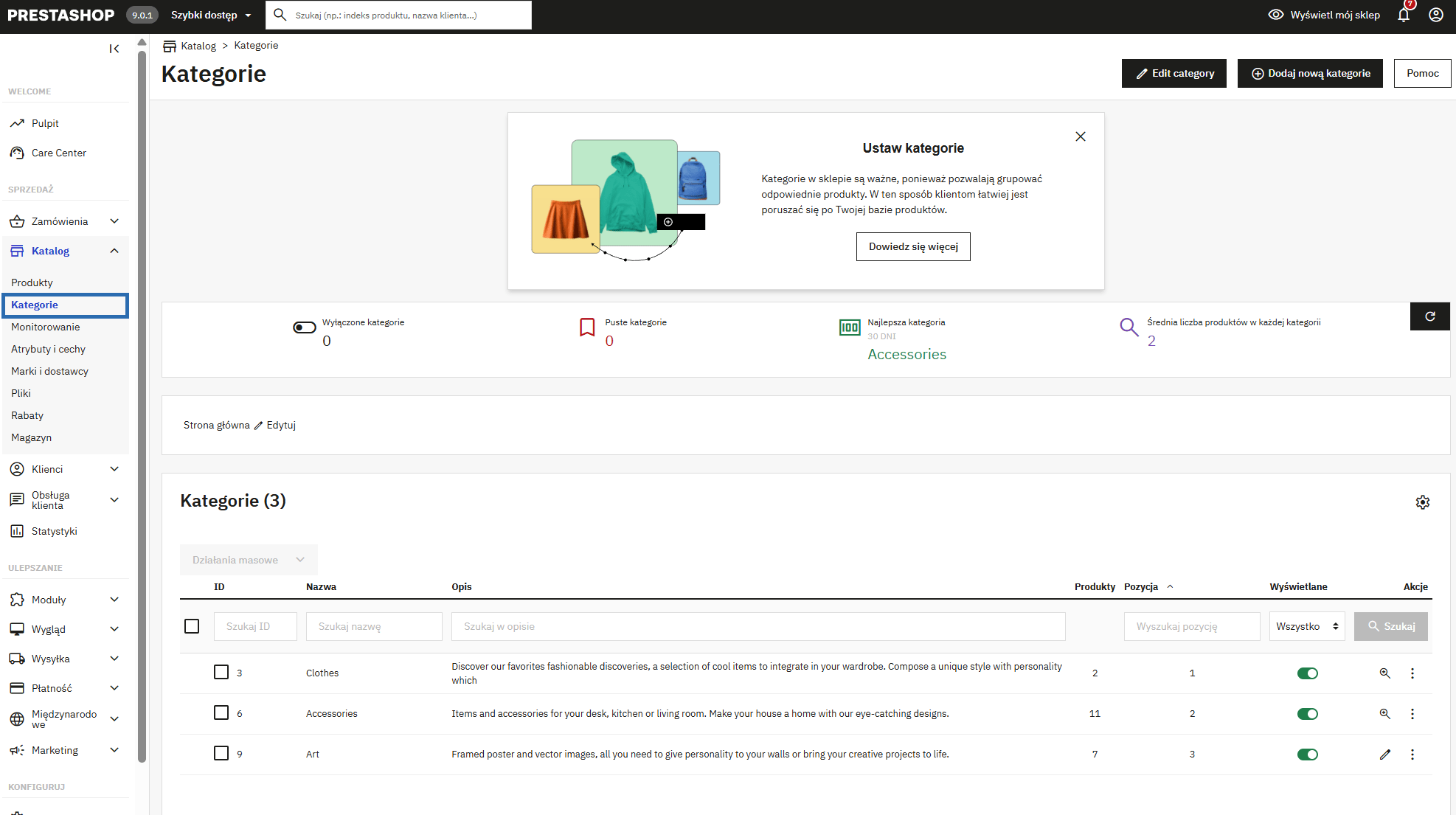 Widok panelu administracyjnego PrestaShop przedstawiający listę kategorii produktów