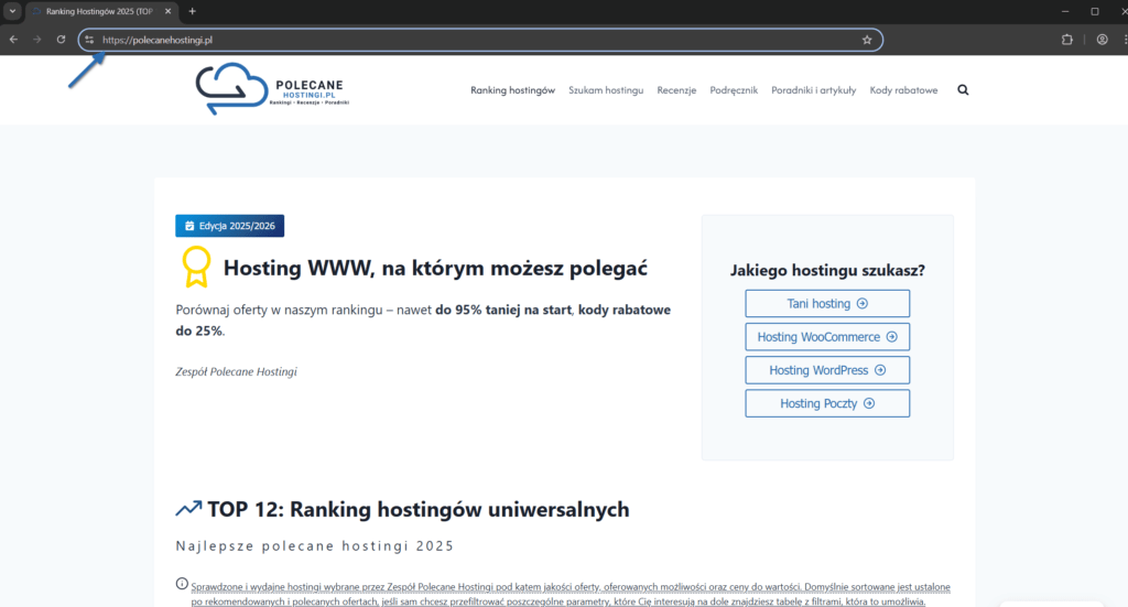 Pełny zrzut ekranu strony głównej z zaznaczoną kłódką SSL w przeglądarce.