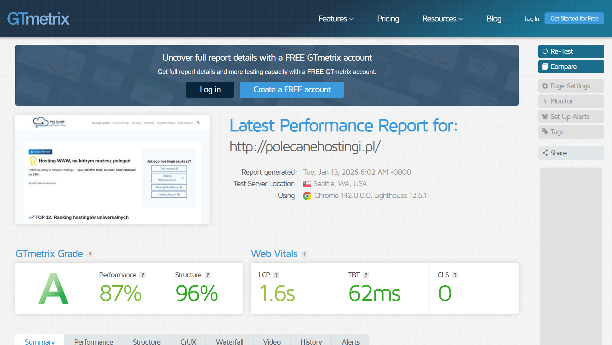 Przykładowy raport wydajności dla polecanehostingi.pl na stronie internetowej w GTMetrix.