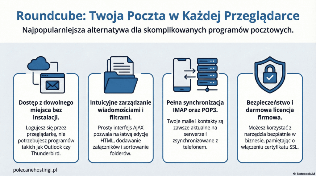 Infografika przedstawiająca cztery kluczowe zalety Roundcube: dostęp przez przeglądarkę, intuicyjne zarządzanie, synchronizację IMAP/POP3 oraz bezpieczeństwo.