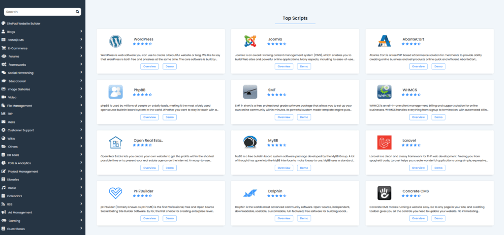 Panel Softaculous z listą skryptów CMS do instalacji.