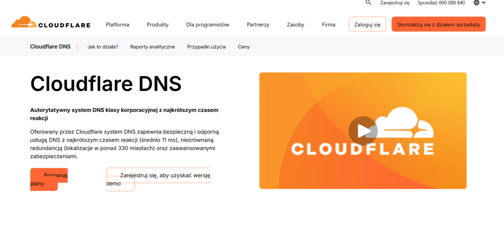 Oficjalna strona główna platformy Cloudflare oferującej usługi bezpieczeństwa i DNS