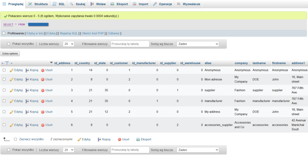Widok tabeli MySQL z listą kolumn i typami danych.