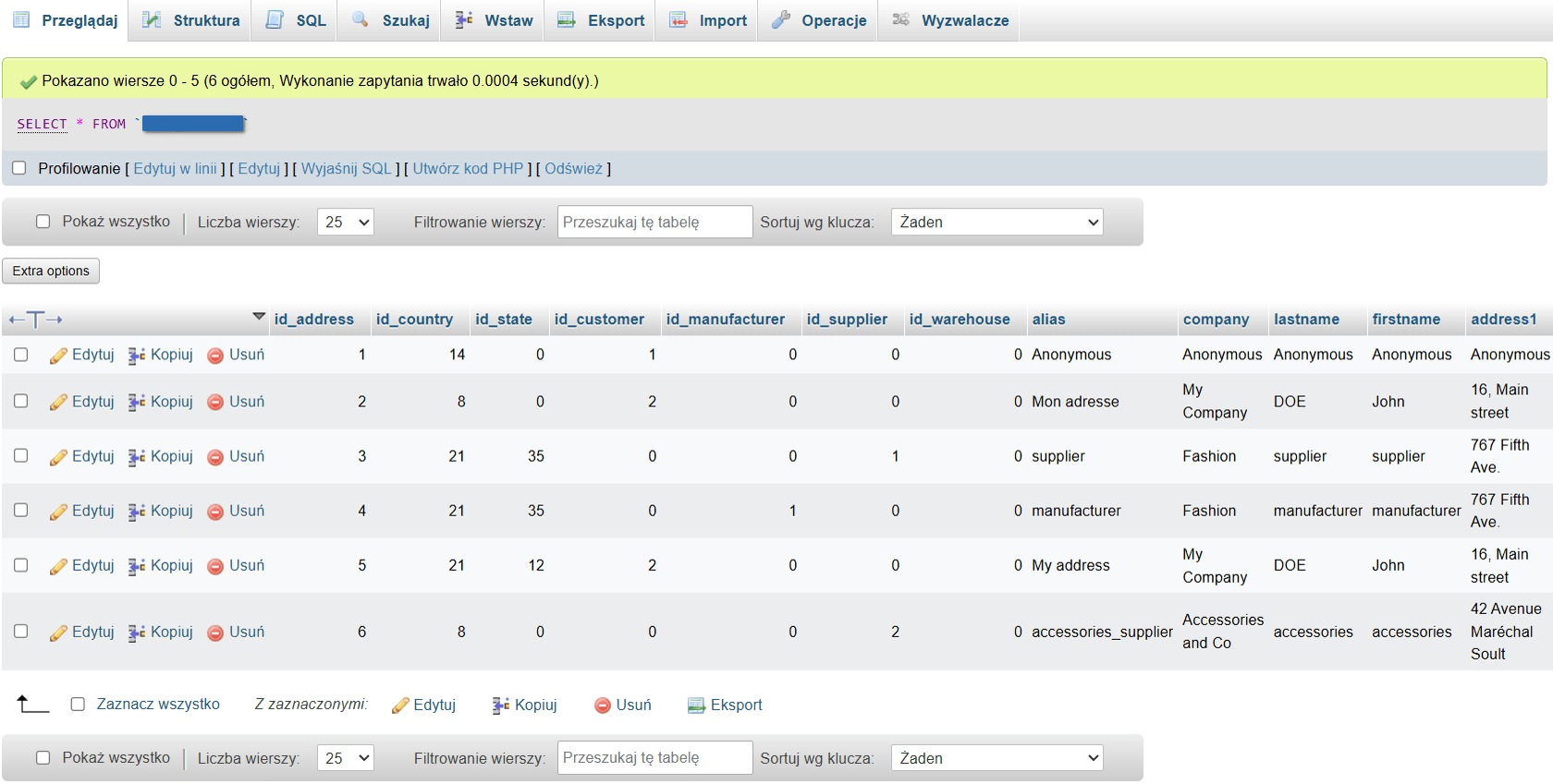 Widok tabeli MySQL z listą kolumn i typami danych.