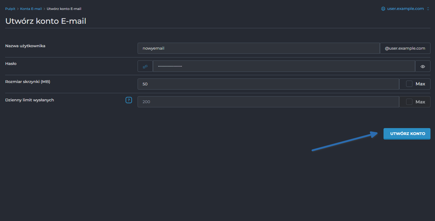 Widok panelu zarządzania hostingiem DirectAdmin – sekcja e-mail.