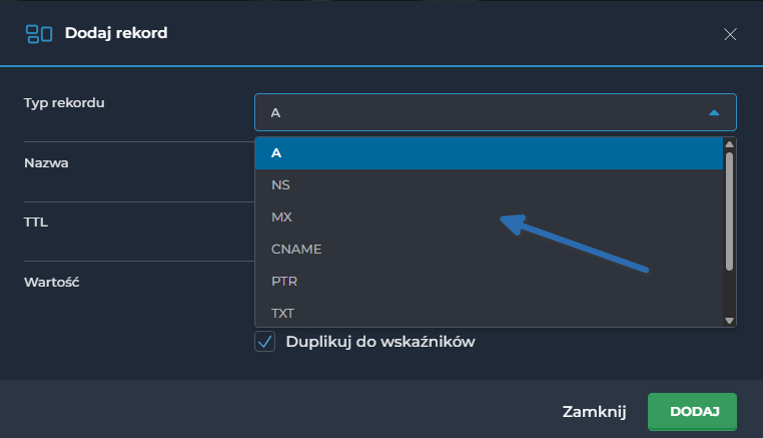 Tabela z rodzajami rekordów DNS w panelu administracyjnym hostingu