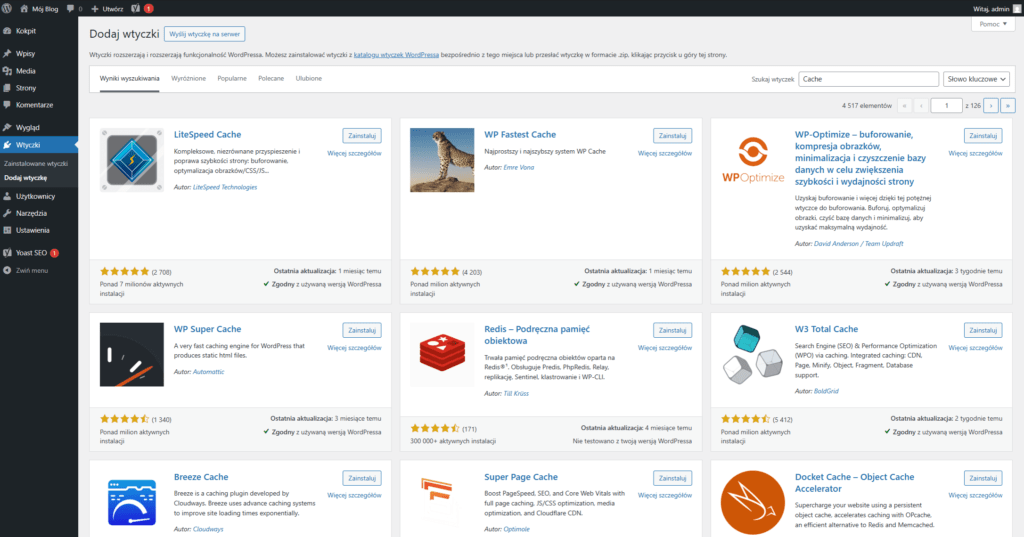 Lista wtyczek do optymalizacji cache w WordPressie: LiteSpeed Cache, WP Super Cache.