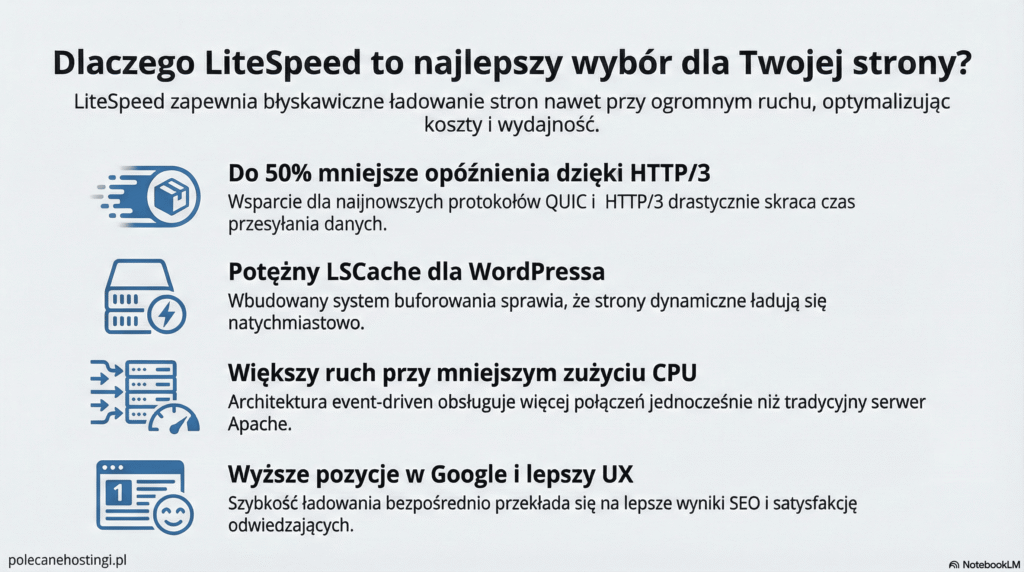 Infografika przedstawiająca 4 korzyści LiteSpeed: wsparcie HTTP/3, wtyczkę LSCache, niskie zużycie CPU oraz lepsze SEO i UX.