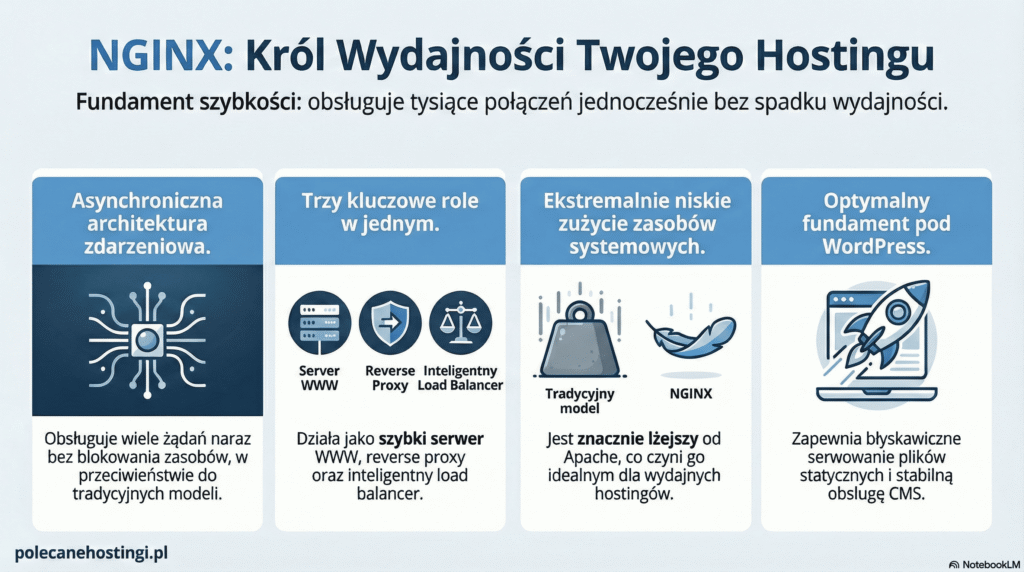 Infografika prezentująca kluczowe zalety serwera NGINX: architekturę zdarzeniową, funkcje reverse proxy i load balancera, niskie zużycie zasobów oraz optymalizację pod WordPress.