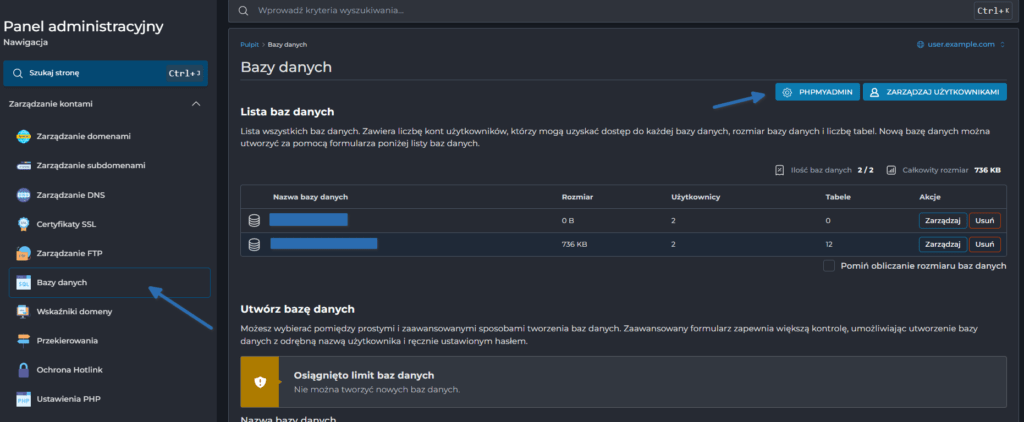 Panel tworzenia i zarządzania bazami danych MySQL w DirectAdmin
