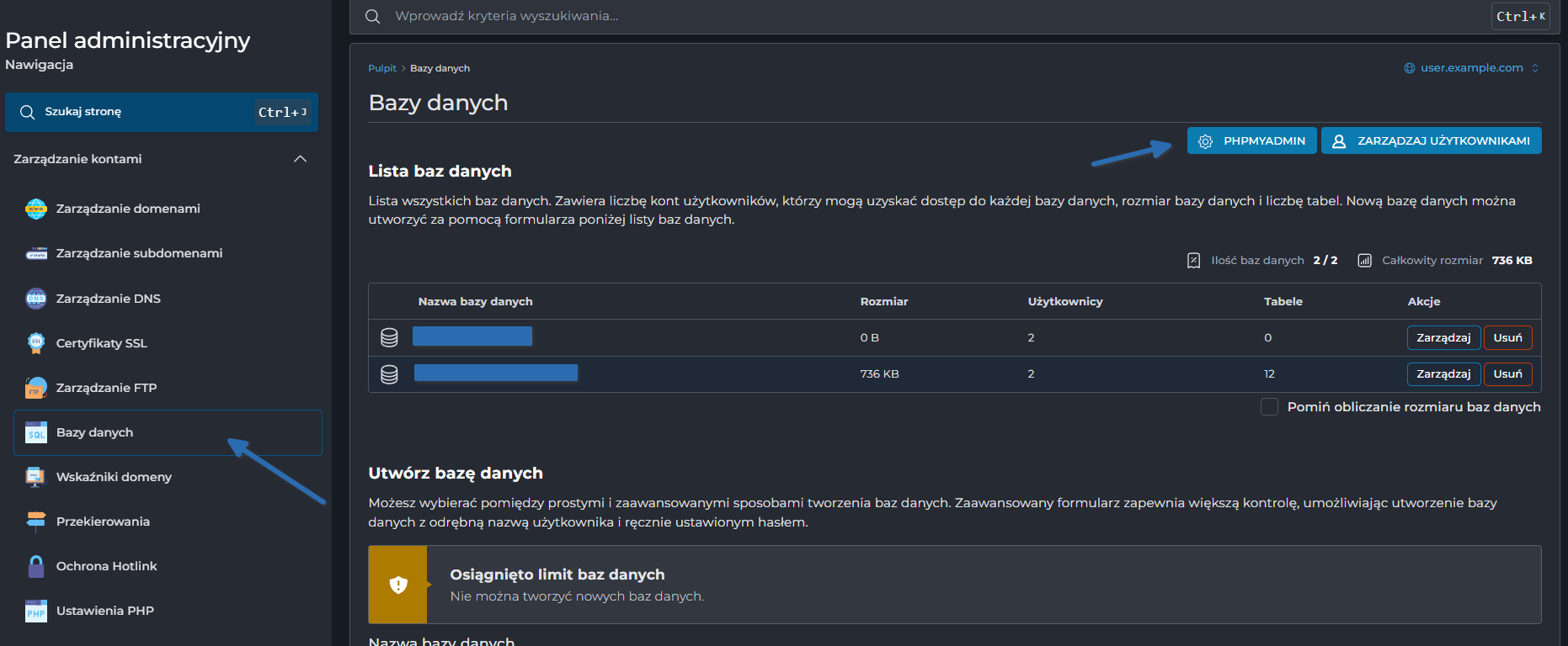 Panel tworzenia i zarządzania bazami danych MySQL w DirectAdmin