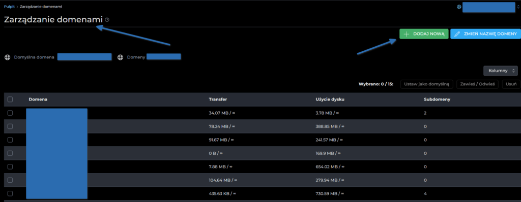 Panel DirectAdmin - sekcja zarządzania domenami i konfiguracji.