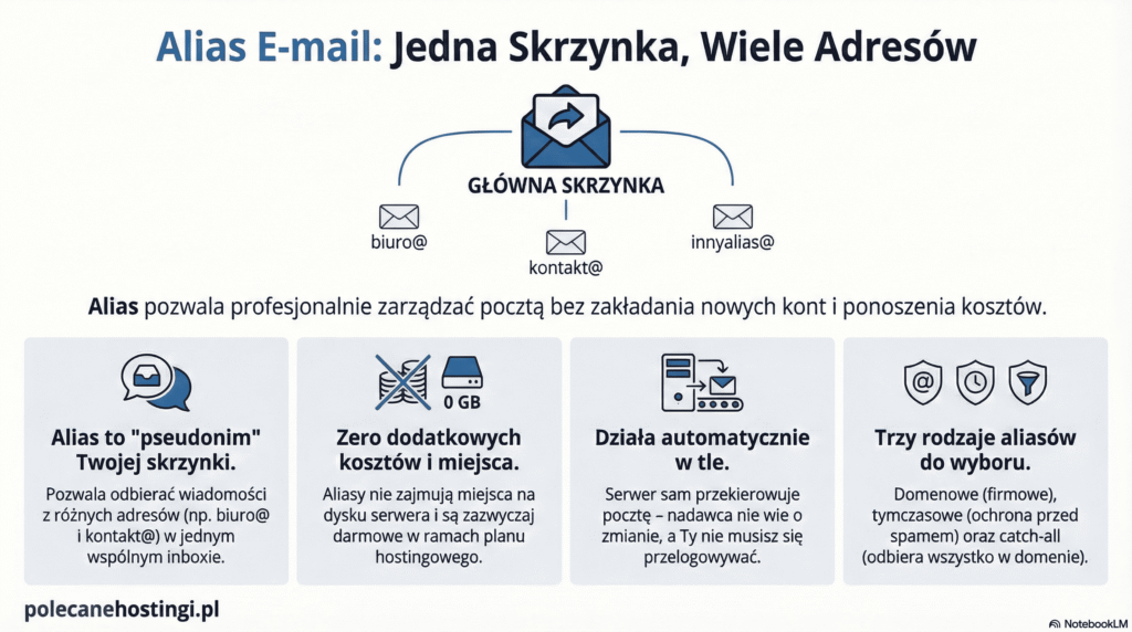 Schemat aliasów pocztowych pokazujący przekierowanie wielu adresów na jedną główną skrzynkę e-mail.