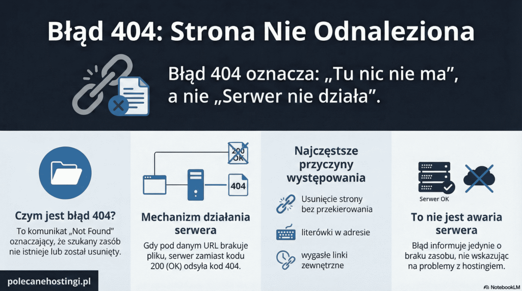 Wyjaśnienie błędu 404 jako braku zasobu pod danym adresem URL oraz mechanizmu odpowiedzi serwera.