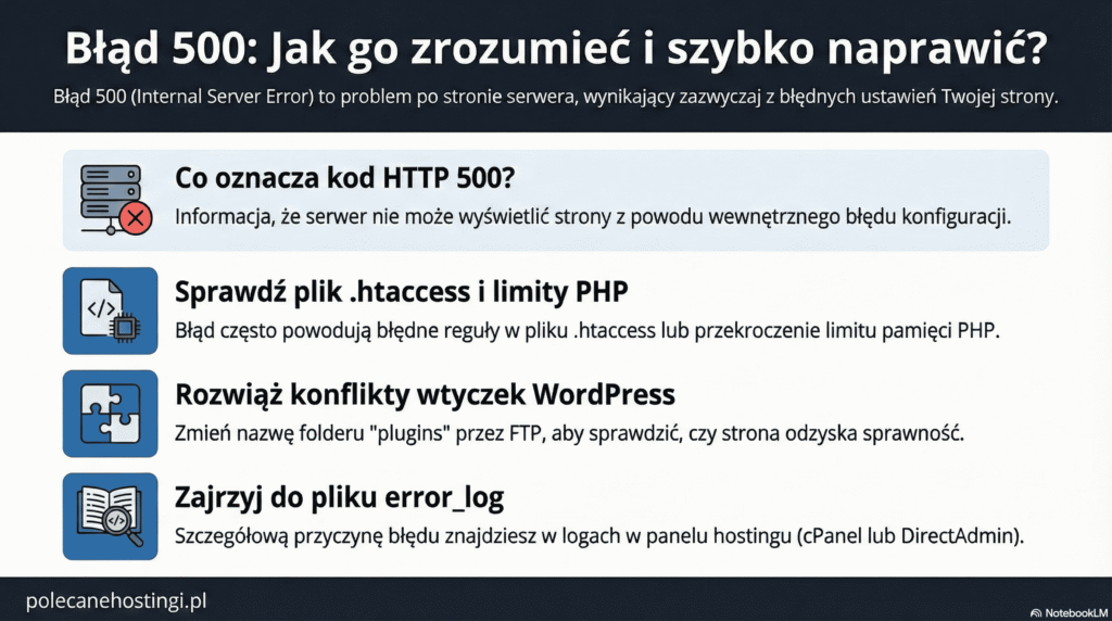 Lista kroków naprawczych dla błędu HTTP 500, w tym sprawdzenie pliku .htaccess, limitów PHP oraz logów błędów.