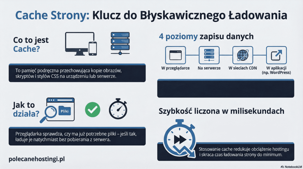 Infografika przedstawiająca 4 poziomy zapisu danych cache: w przeglądarce, na serwerze, w sieciach CDN i aplikacji.