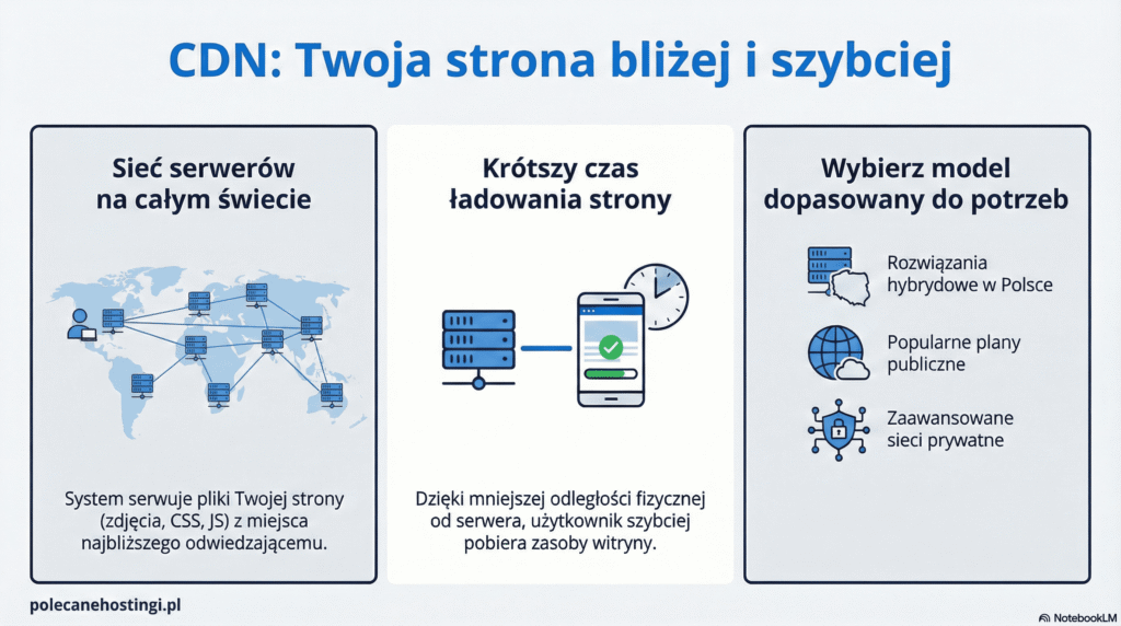 Mapa globalnej sieci serwerów CDN ilustrująca skracanie drogi danych do użytkownika końcowego.