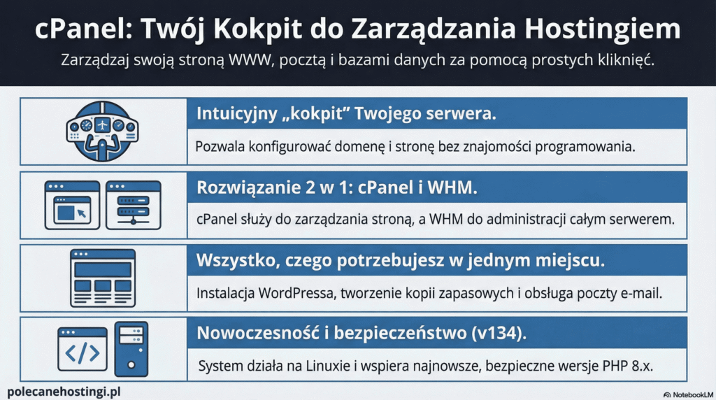 Widok funkcji panelu cPanel: zarządzanie stroną, pocztą, bazami danych oraz instalatorem WordPress.