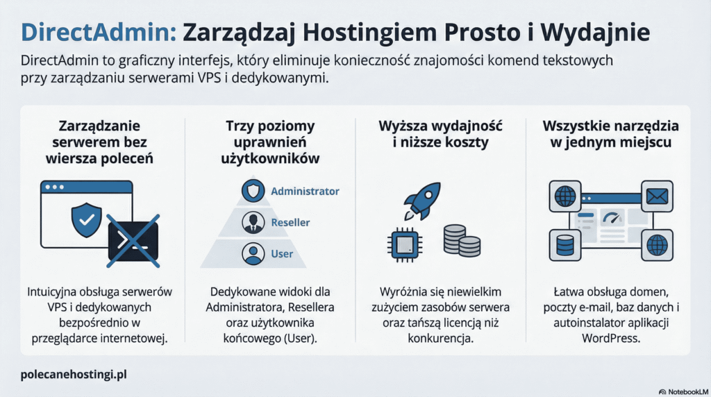 Prezentacja poziomów uprawnień w DirectAdmin oraz funkcji zarządzania domenami i bazami danych.