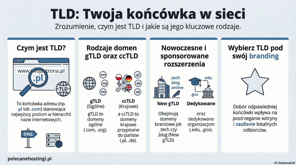Podział domen najwyższego poziomu na ogólne, krajowe i nowe rozszerzenia branżowe (New gTLD).