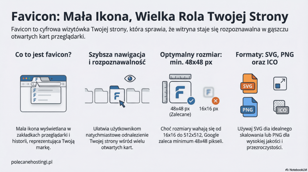 Zestawienie wymogów technicznych dla favicon: formaty ICO, PNG, SVG oraz wymiary dla Google i Apple.