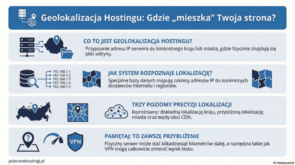 Schemat wyjaśniający powiązanie adresu IP serwera z fizyczną lokalizacją i poziomami precyzji geolokalizacji.