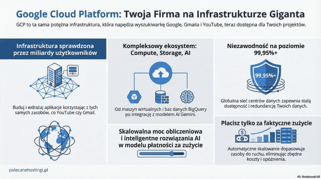 Przegląd usług Google Cloud Platform: Compute Engine, Storage, AI Gemini oraz model płatności za zużycie.