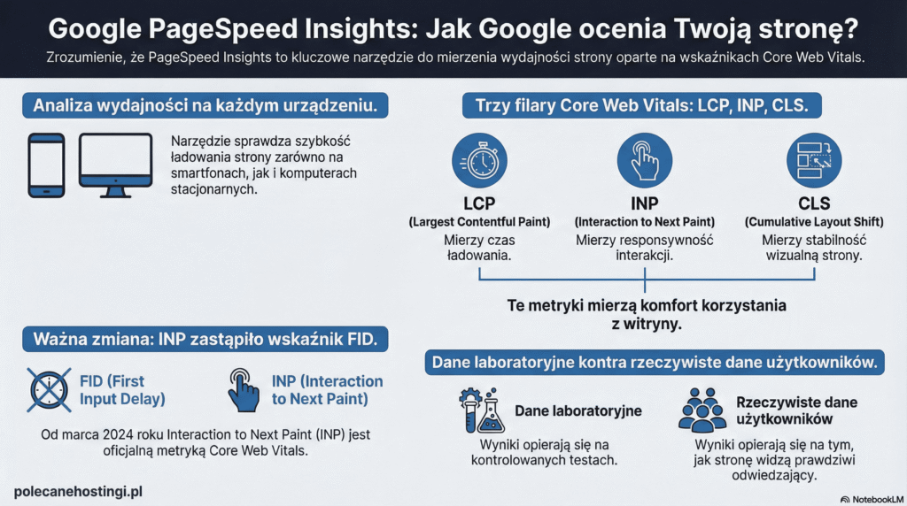 Wykres trzech filarów Core Web Vitals: LCP, INP oraz CLS wraz z opisem różnic między danymi laboratoryjnymi a rzeczywistymi.