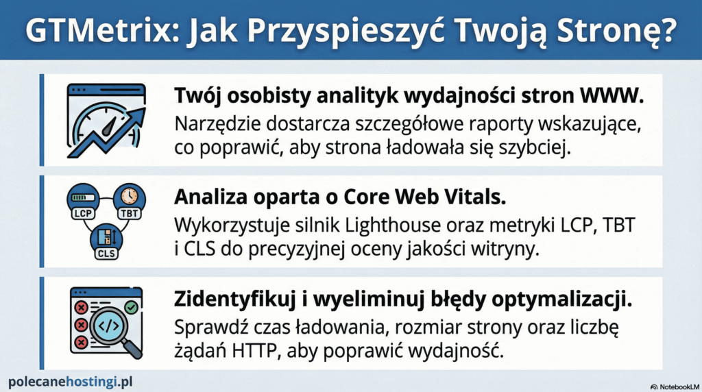 Przegląd funkcji narzędzia GTMetrix: raporty wydajności, analiza Core Web Vitals i identyfikacja błędów optymalizacji.