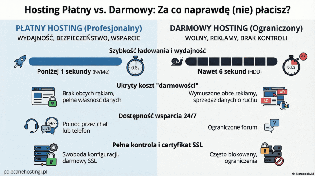 Porównanie szybkości ładowania (0.8s vs 6s) i wsparcia technicznego między hostingiem płatnym a darmowym.