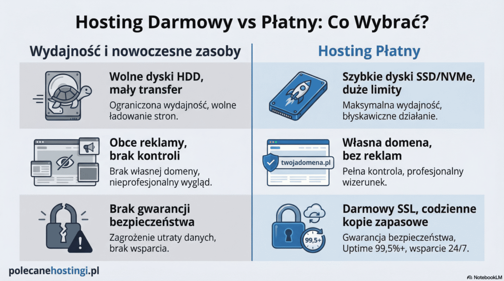 Infografika porównująca hosting darmowy i płatny pod kątem wydajności, reklam oraz bezpieczeństwa.