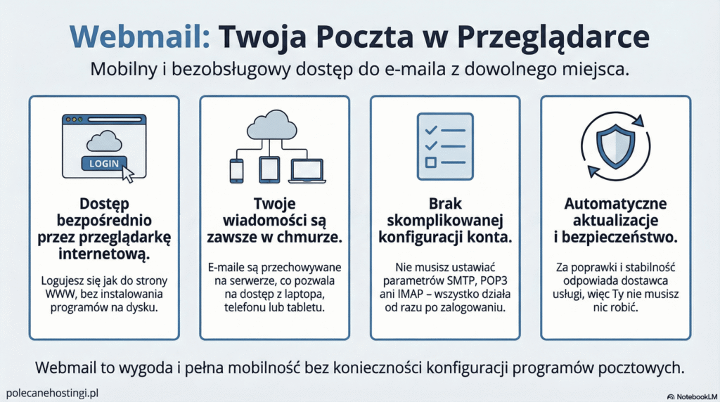 Porównanie zalet webmaila: dostęp przez przeglądarkę, dane w chmurze, brak konfiguracji oraz automatyczne aktualizacje.