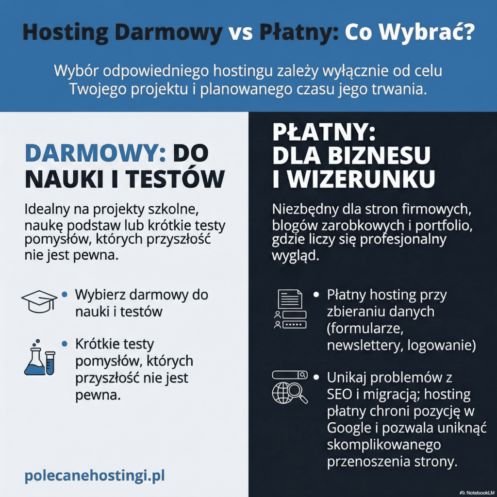 Zestawienie zastosowań hostingu: darmowy do nauki i testów, płatny dla biznesu, SEO i ochrony danych.
