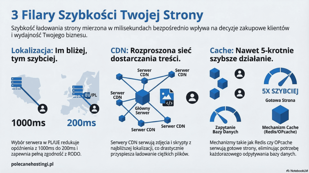 3 filary szybkości: lokalizacja serwera PL/UE, sieć CDN oraz mechanizmy Cache Redis i OPcache.