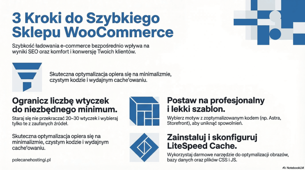 Infografika przedstawiająca 3 kroki do optymalizacji szybkości WooCommerce: ograniczenie wtyczek, lekki szablon i LiteSpeed Cache.