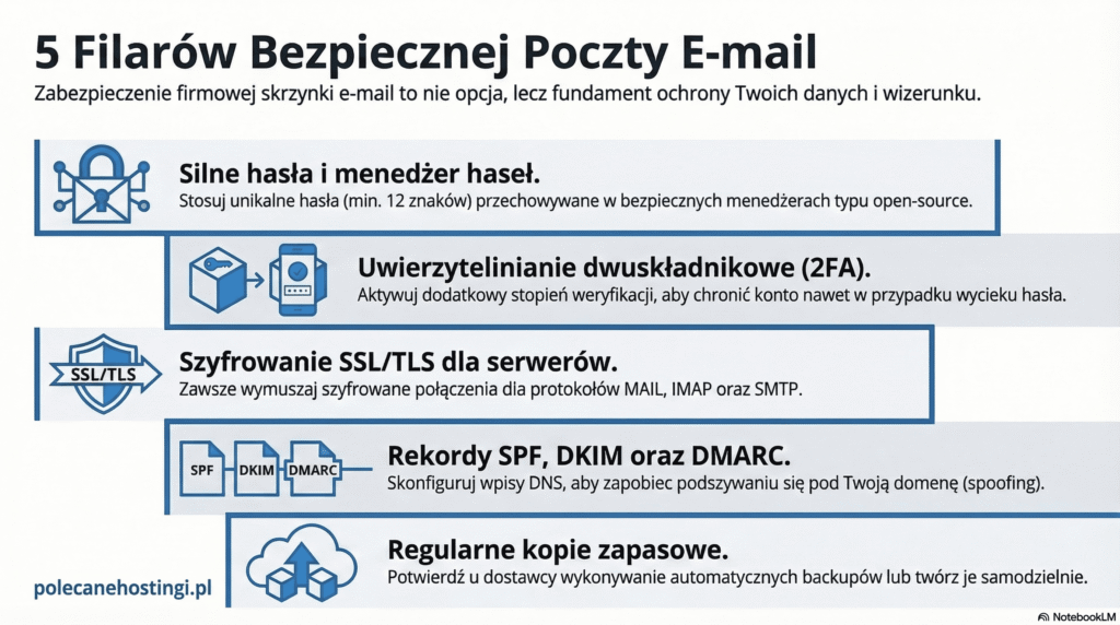 Infografika przedstawiająca 5 filarów bezpiecznej poczty: silne hasła, 2FA, SSL/TLS, rekordy SPF/DKIM/DMARC oraz kopie zapasowe.