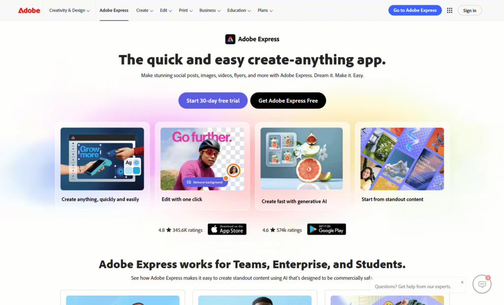 Strona Adobe Express prezentująca szybkie akcje edycji zdjęć i AI.