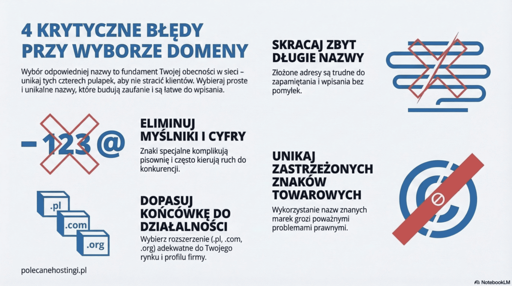 Infografika przedstawiająca 4 błędy przy wyborze domeny: zbyt długie nazwy, używanie myślników i cyfr, złe rozszerzenie oraz naruszanie znaków towarowych.