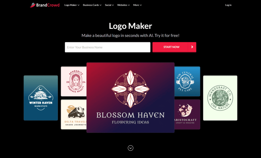 Strona główna kreatora logo BrandCrowd z polem wyszukiwania nazwy firmy.