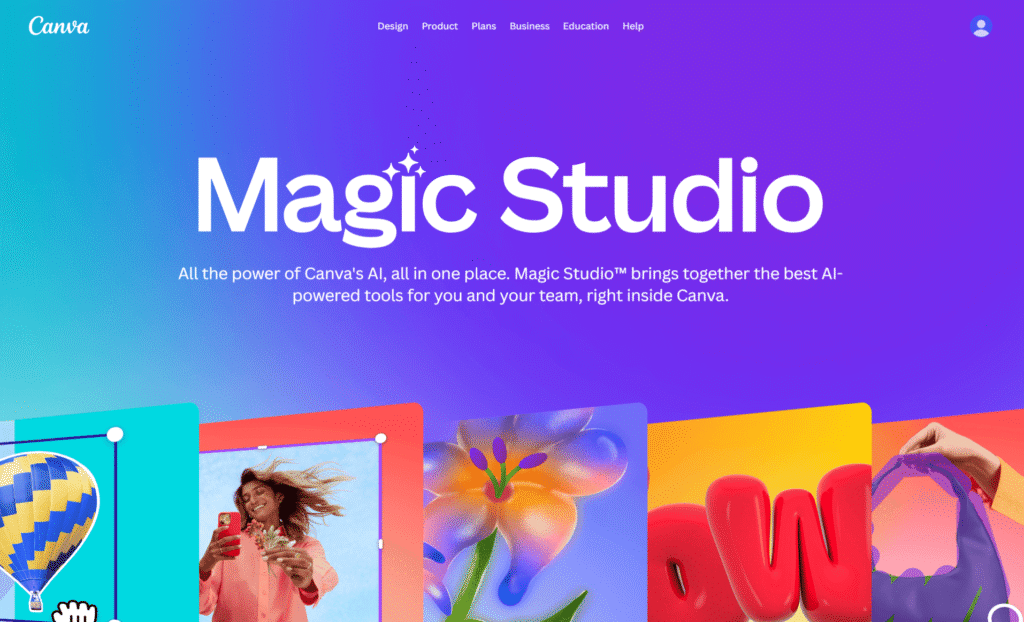 Sekcja Magic Studio w serwisie Canva prezentująca narzędzia AI do grafiki.