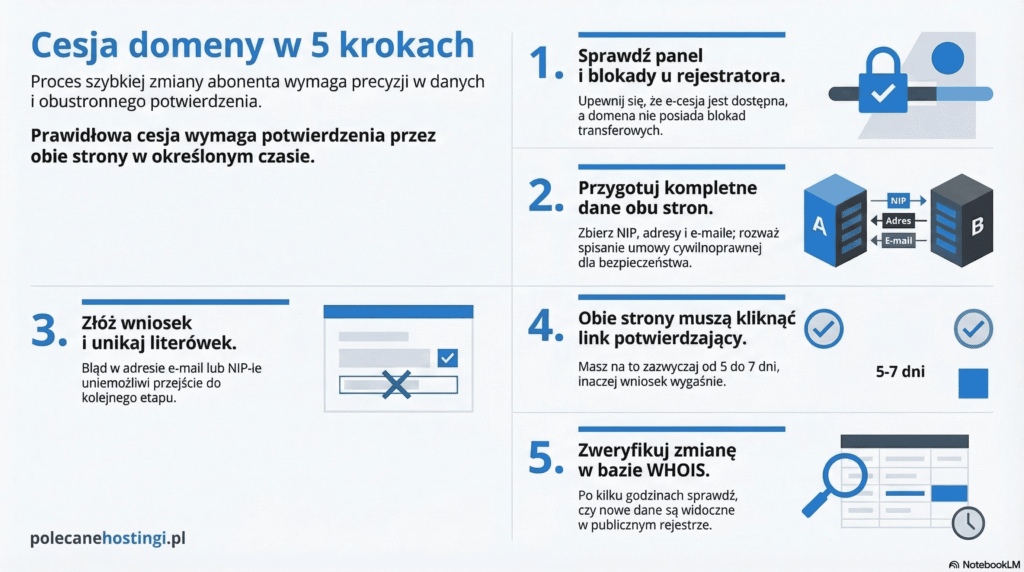 Infografika przedstawiająca 5 etapów procesu cesji domeny: sprawdzenie blokad, przygotowanie danych, złożenie wniosku, potwierdzenie linkiem i weryfikację WHOIS.