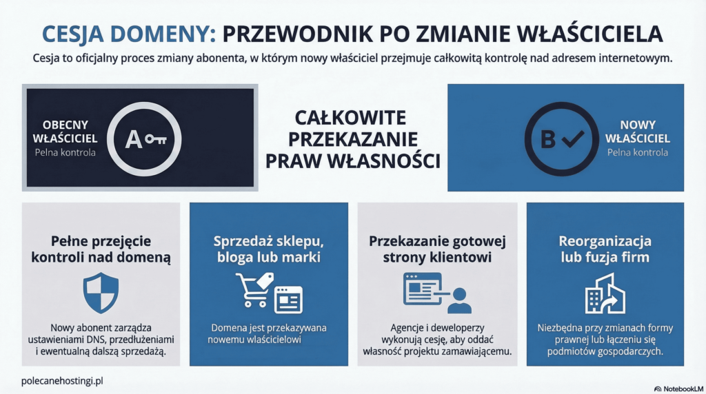 Schemat wyjaśniający cele cesji domeny, w tym sprzedaż marki, przekazanie strony klientowi oraz fuzje firm.