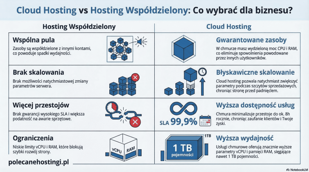 Porównanie hostingu w chmurze i współdzielonego: zasoby, skalowanie, przestój i wydajność vCPU/RAM.