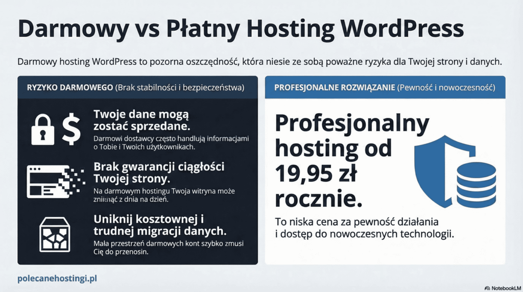 Porównanie ryzyka darmowego hostingu (sprzedaż danych, brak ciągłości) z profesjonalnym rozwiązaniem od 19,95 zł rocznie.