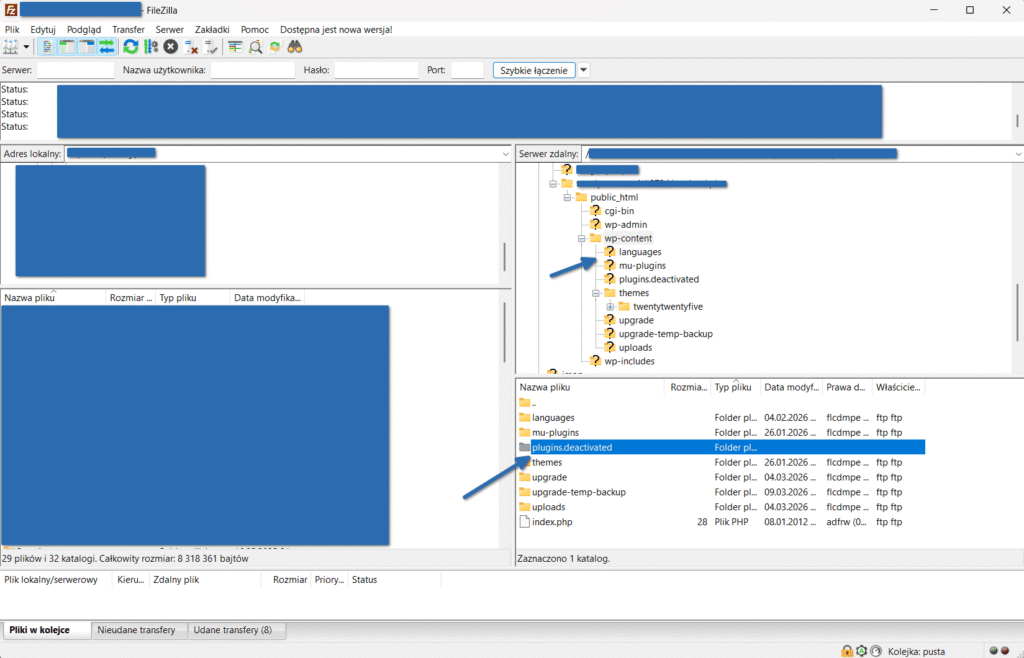 Okno klienta FTP FileZilla pokazujące zmianę nazwy katalogu plugins na plugins.deactivated na serwerze.