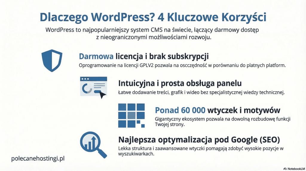 4 korzyści WordPress: darmowa licencja, prosty panel, 60 000 wtyczek i najlepsza optymalizacja pod Google SEO.