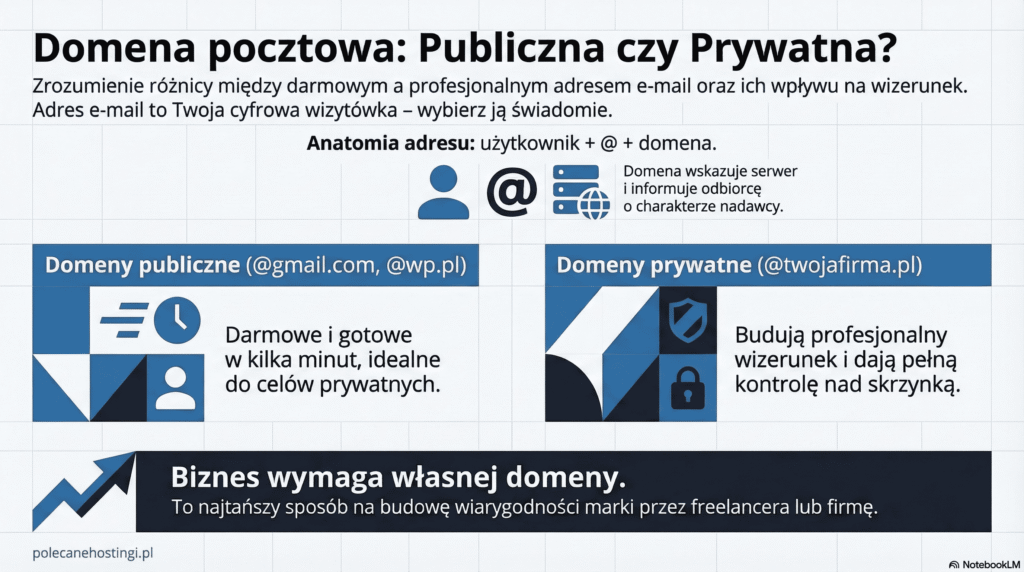 Porównanie cech darmowej domeny publicznej (np. gmail.com) oraz profesjonalnej domeny prywatnej dla firmowego adresu e-mail.